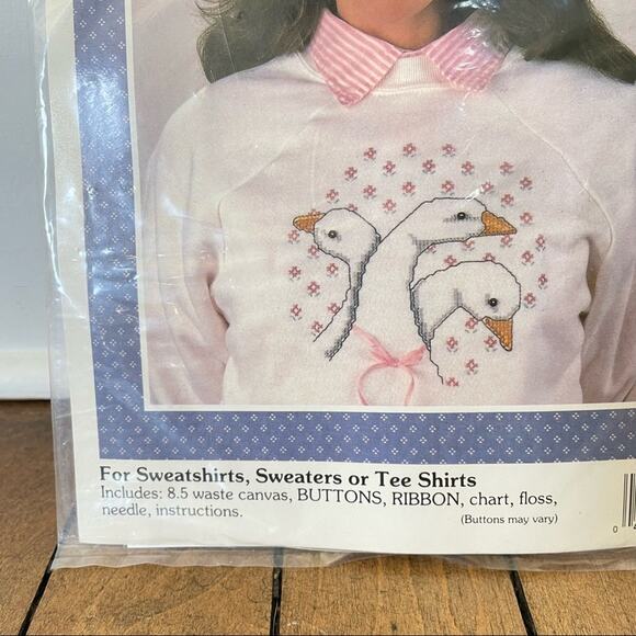 Vintage 80s Cross Stitch Geese Goose Floral Design for Shirts - Picture 2 of 3